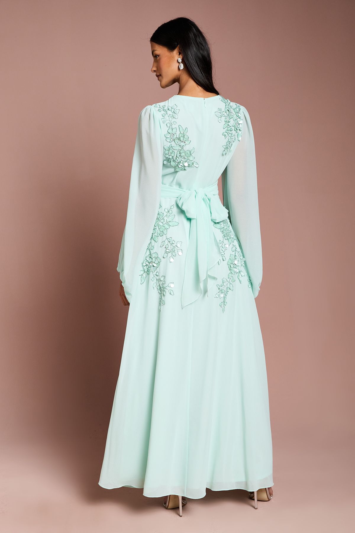 Coast Petite Long Sleeve Wrap Waist Embellished Floral Maxi Dress Mint image 3