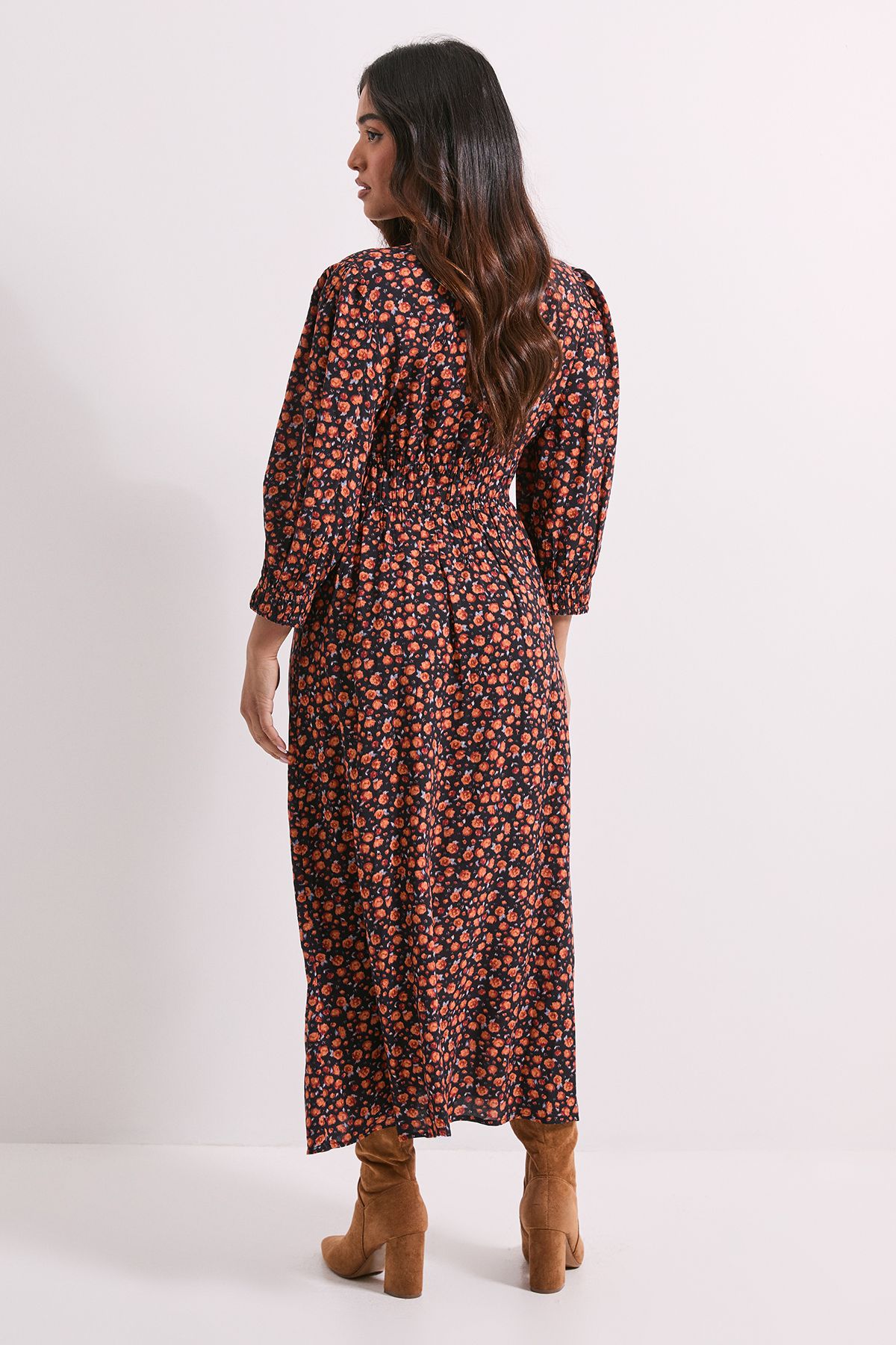 Dorothy Perkins Petite Shirred Detail Blouson Sleeve Midi Dress Orange image 3