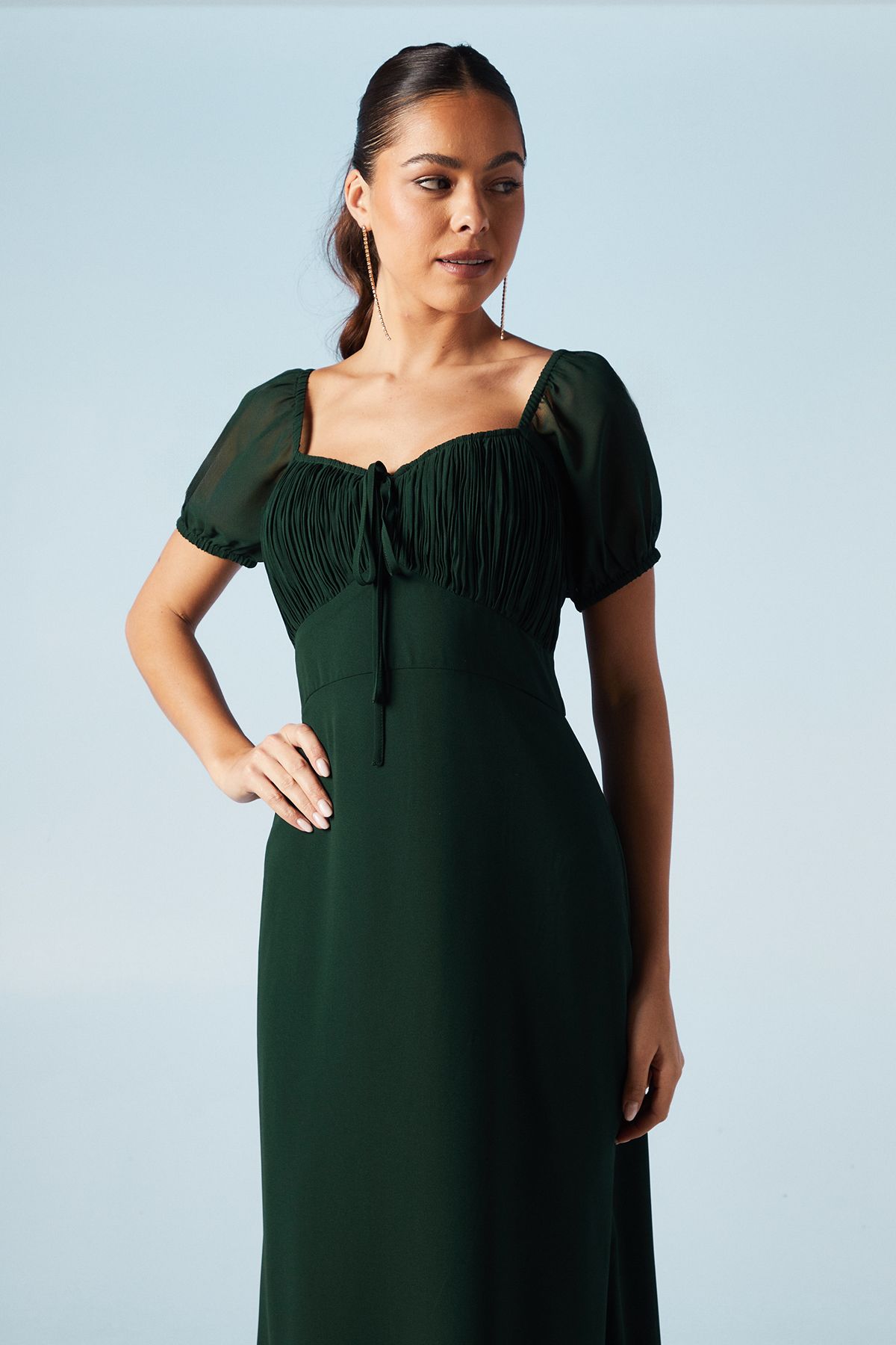 Oasis Ruched Bodice Puff Sleeve Chiffon Maxi Bridesmaid Dress Emerald image 2