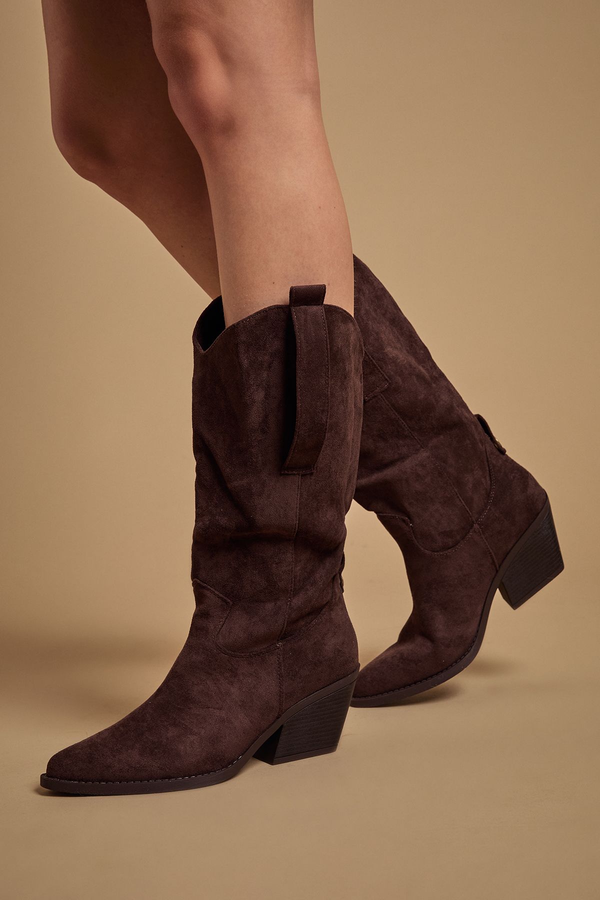 Oasis Wanda Faux Suede Slouch Western Calf Boots Chocolate