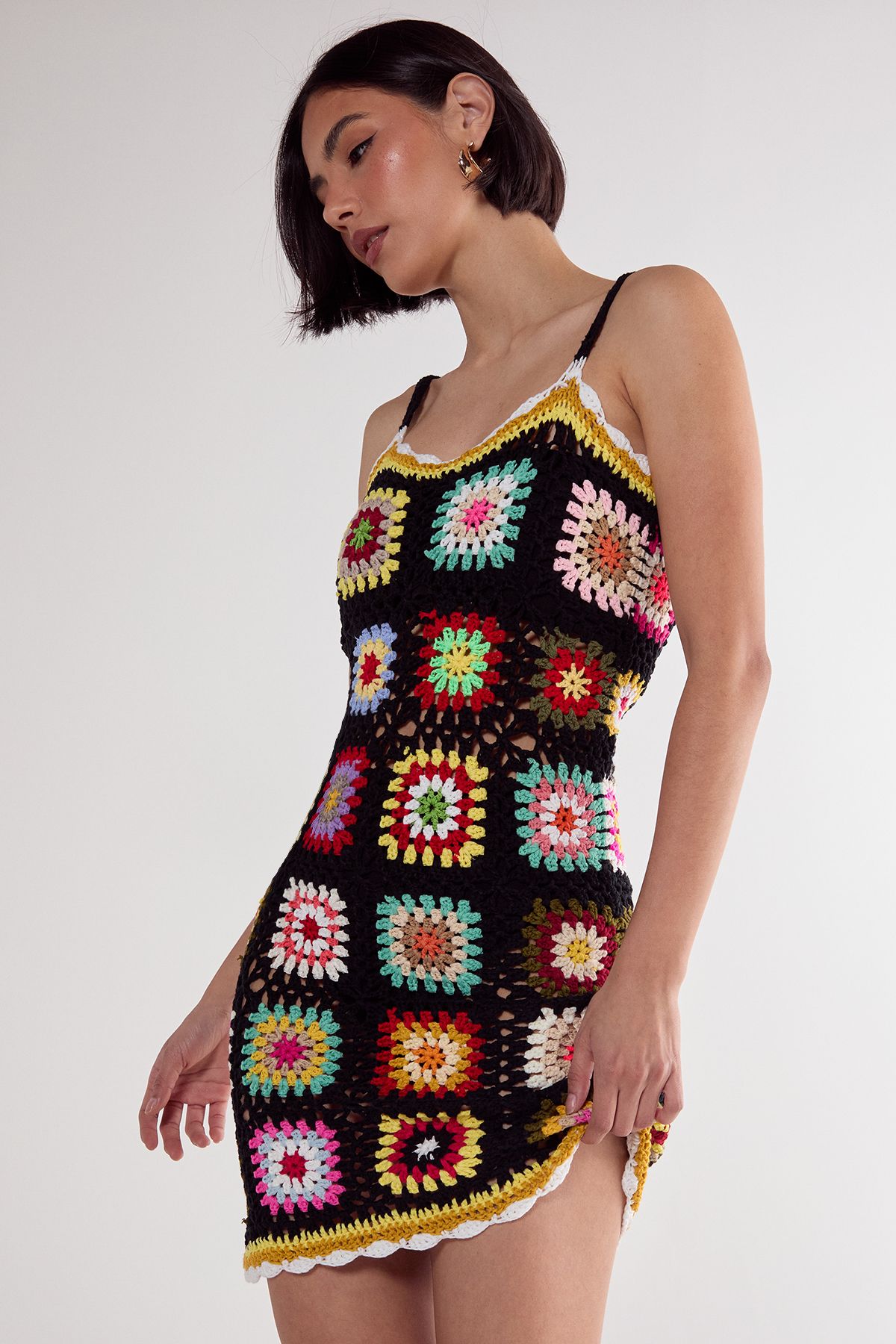 NastyGal Floral Hand Crochet Knitted Mini Dress Black image 1