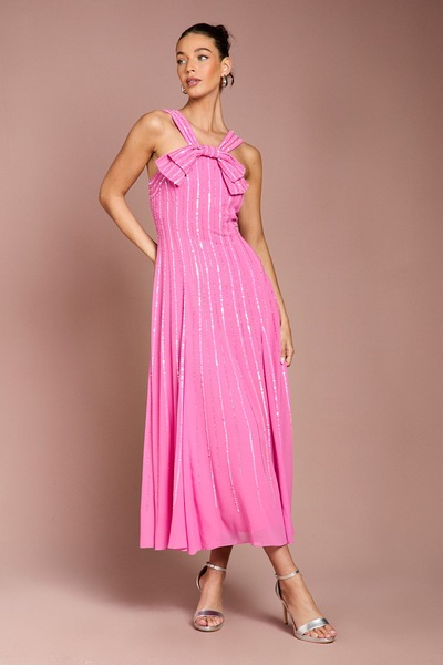 Coast Cross Front Bow Detail Embellished Midi Dress Hot Pink