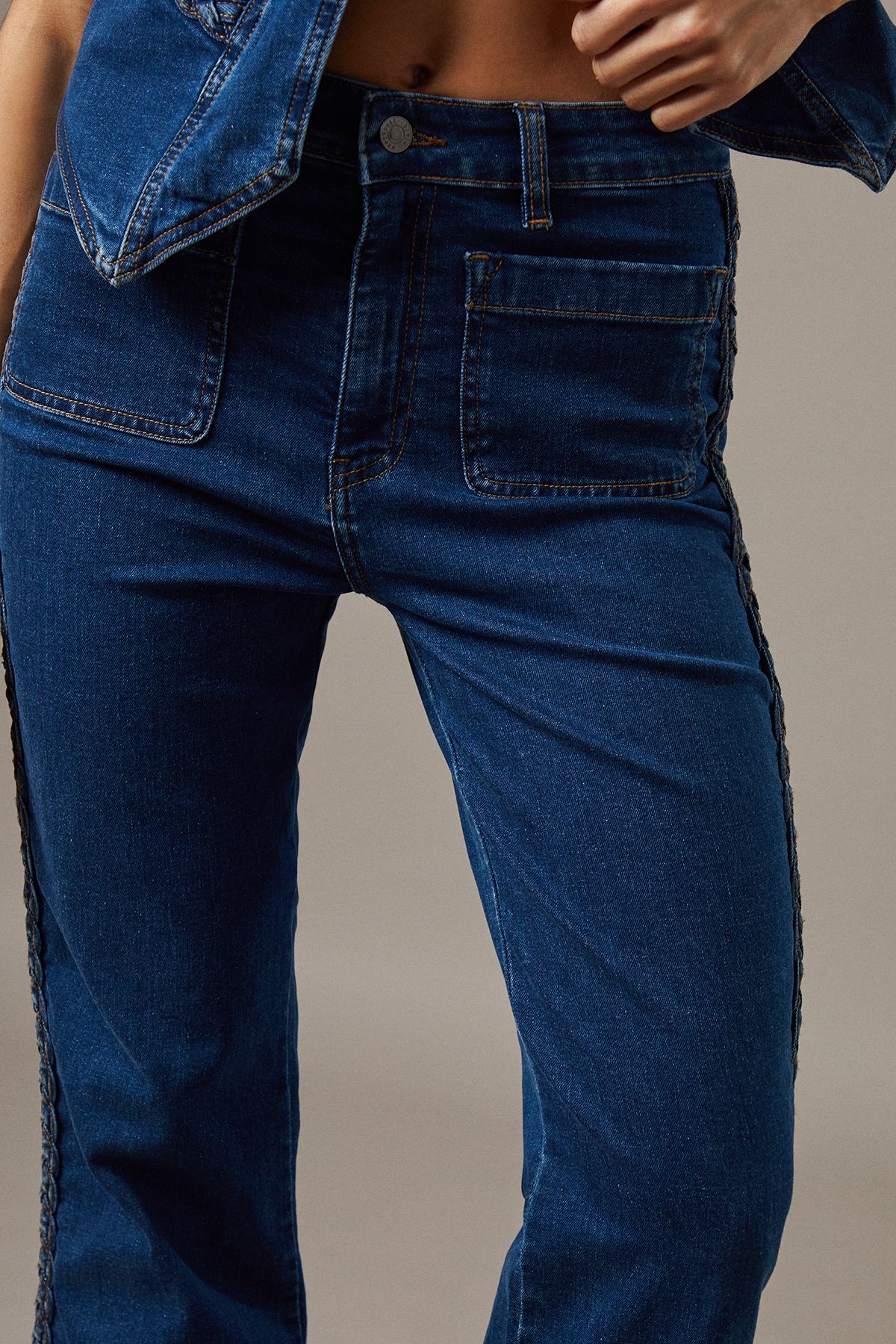 Warehouse High Waist Denim Bootcut With Patch Pockets Dark Wash image 4