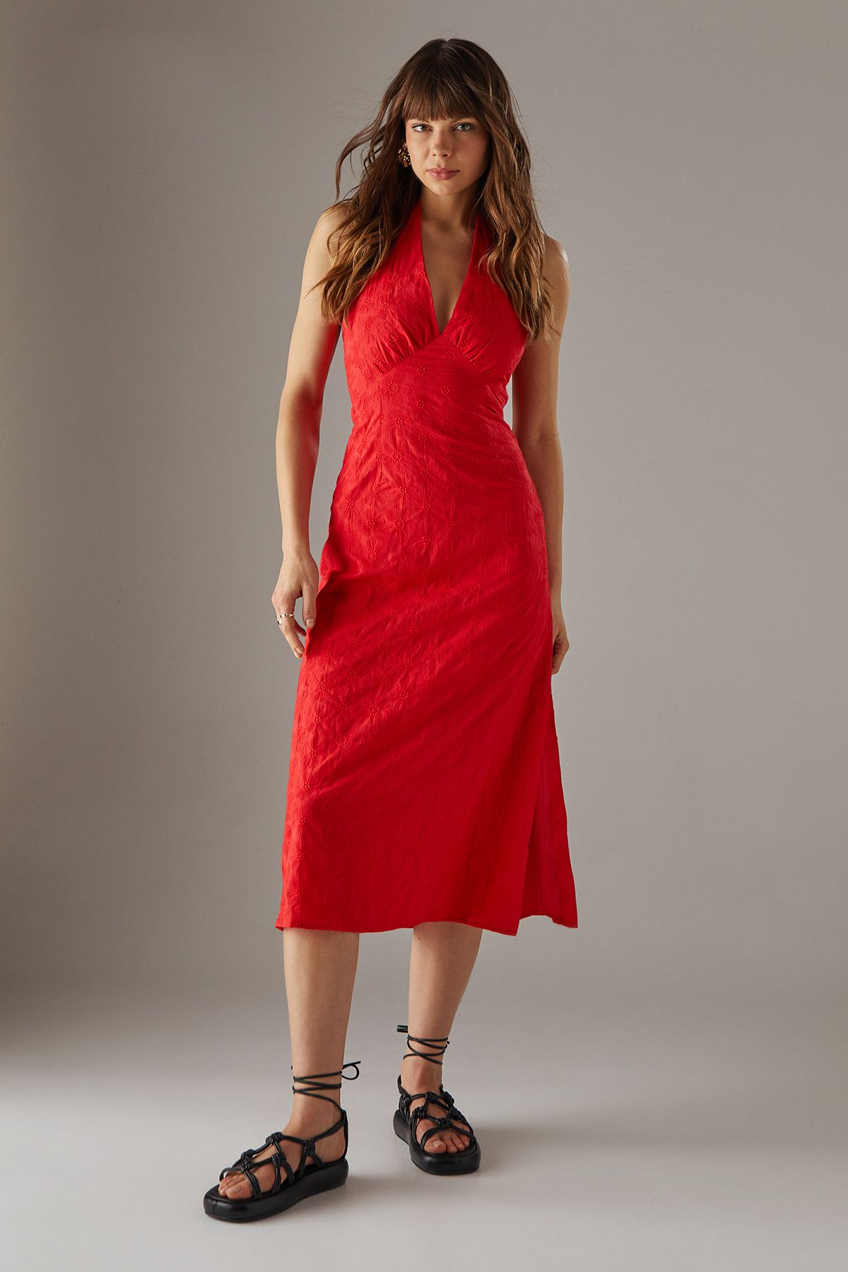 Warehouse Floral Cotton Halter Midi Sundress Red image 1