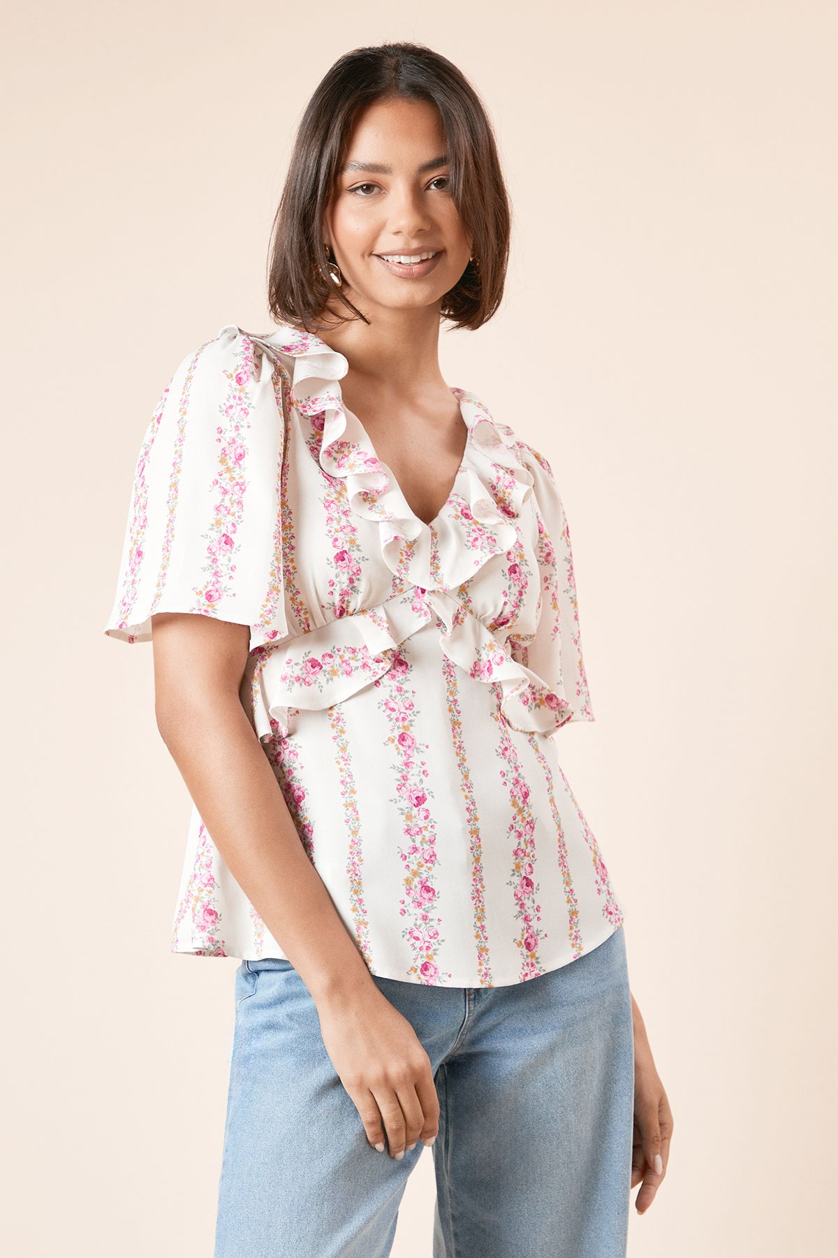 Dorothy Perkins Frill Detail Angel Sleeve Tie Back Blouse Floral image 1