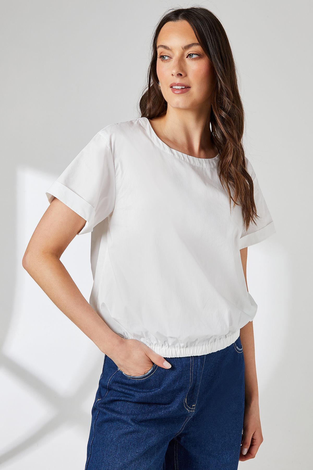 Principles Cotton Elasticated Hem Crew Neck Top Ivory image 1