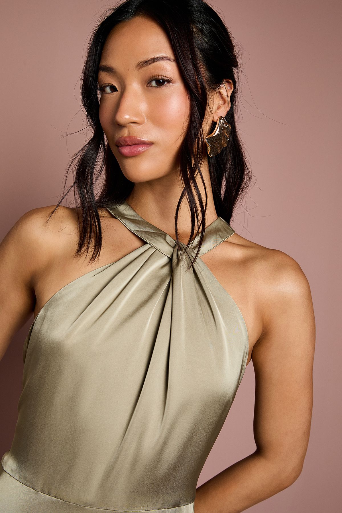 Coast Coast Honoured Twist Halterneck Satin Maxi Bridesmaid Dress Olive image 4