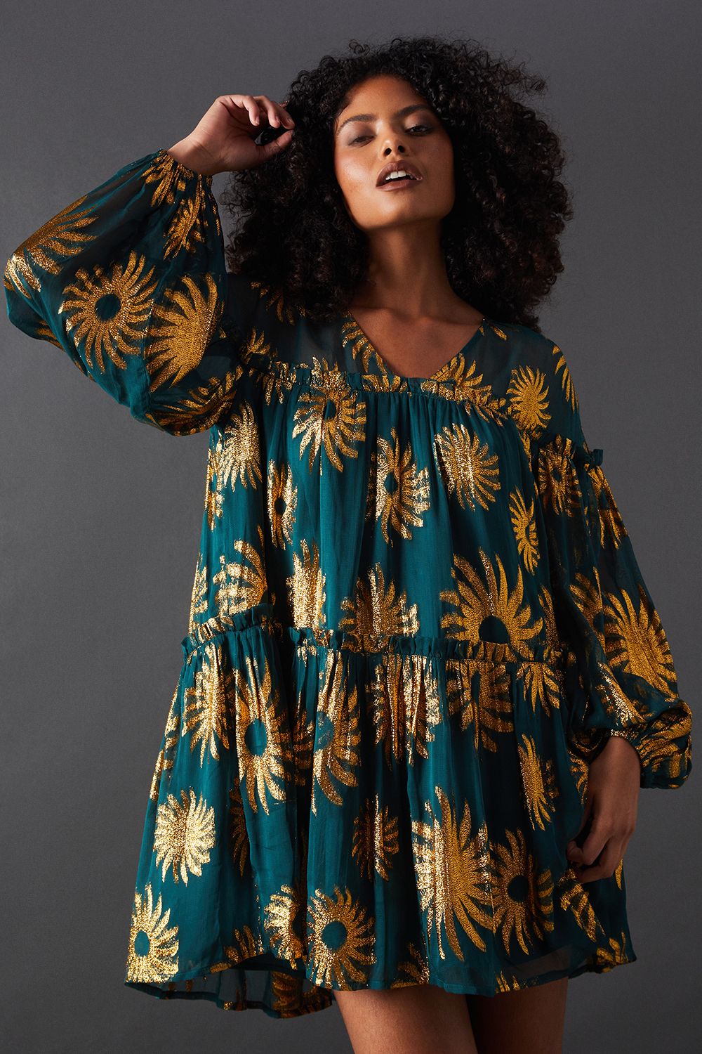 Warehouse Sun Metallic Jacquard Frill Detail Mini Smock Dress Dark Green