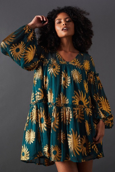 Warehouse Sun Metallic Jacquard Frill Detail Mini Smock Dress Dark Green