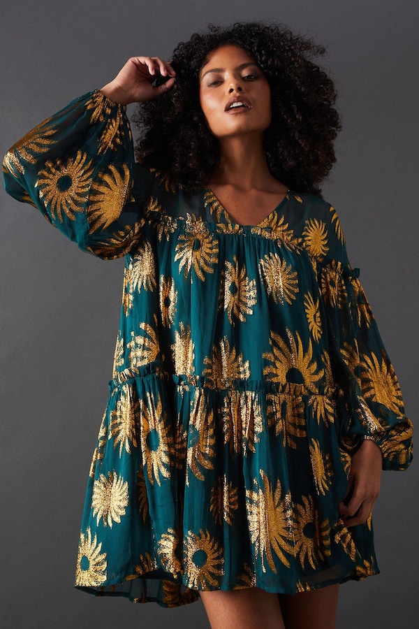 Warehouse Sun Metallic Jacquard Frill Detail Mini Smock Dress Dark Green