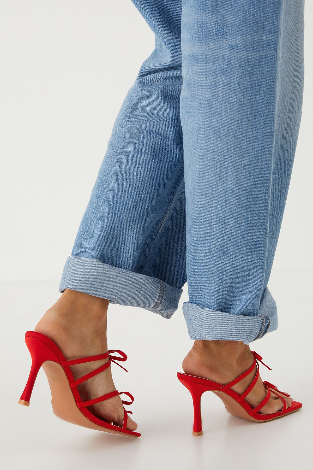 MissPap Satin Bow Square Toe High Stiletto Heel Mules Red image 3