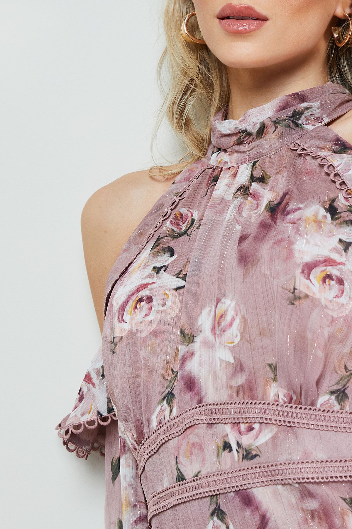 Oasis Cold Shoulder Ruffle Halterneck Midi Dress Floral image 5