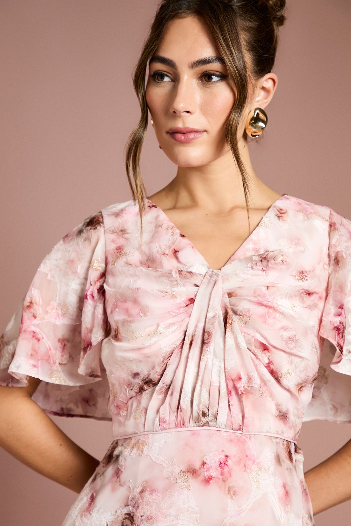 Coast Printed Satin Jacquard Twist Front Midi Dress Blush image 4