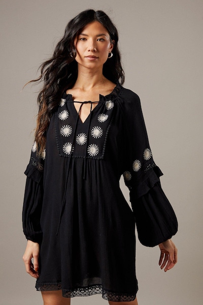 Warehouse Cheesecloth Embroidered Trim Insert Mini Dress Black