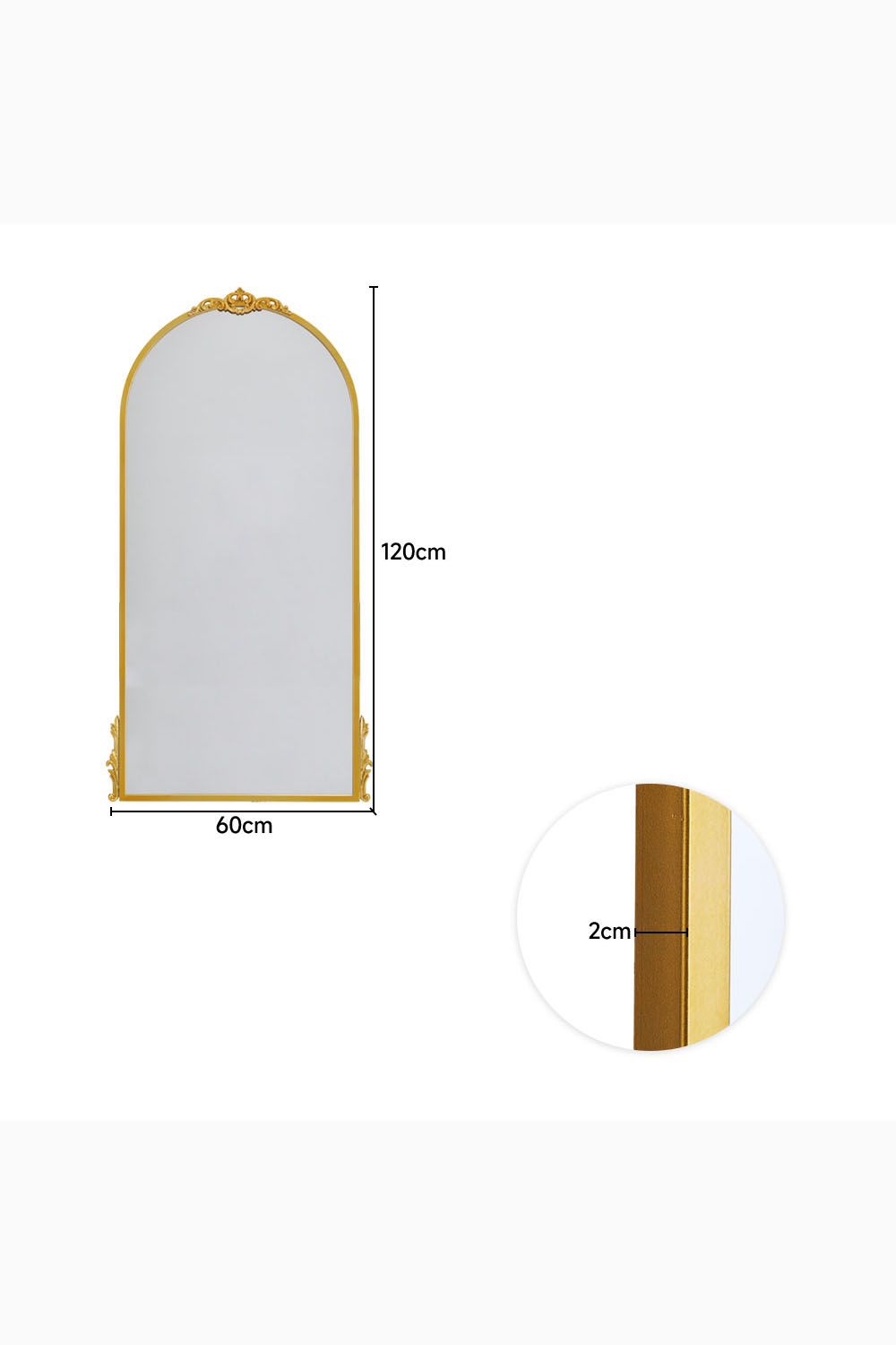 Living and Home 60cm W x 120cm H Gold Floral Carved Metal Frame Arch Wall Mirror Art Deco Vanity Mirror image 3