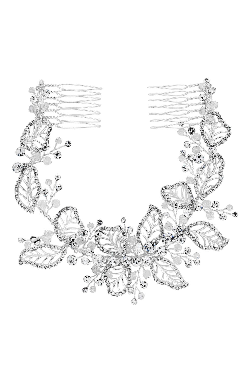 Jon Richard Silver Plated Clear Crystal Olivia Pave Leaf Double Hair Comb - Gift Pouch