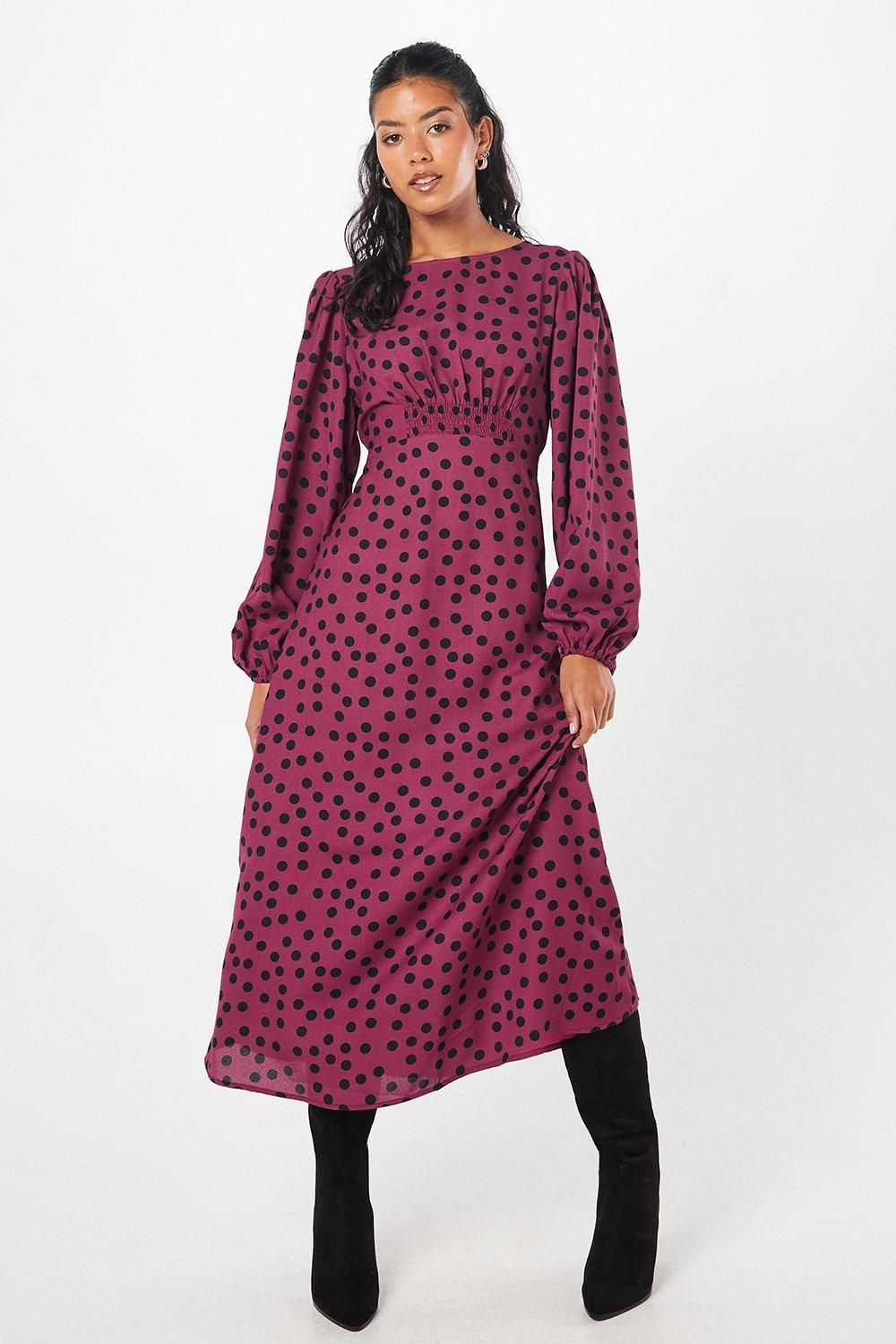 Dorothy Perkins Petite Berry Spot Shirred Waist Long Sleeve Midi Dress Berry image 1