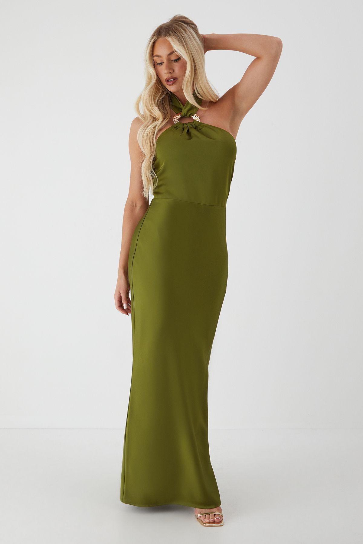 MissPap Gold Hammered Satin Maxi Dress Green image 1