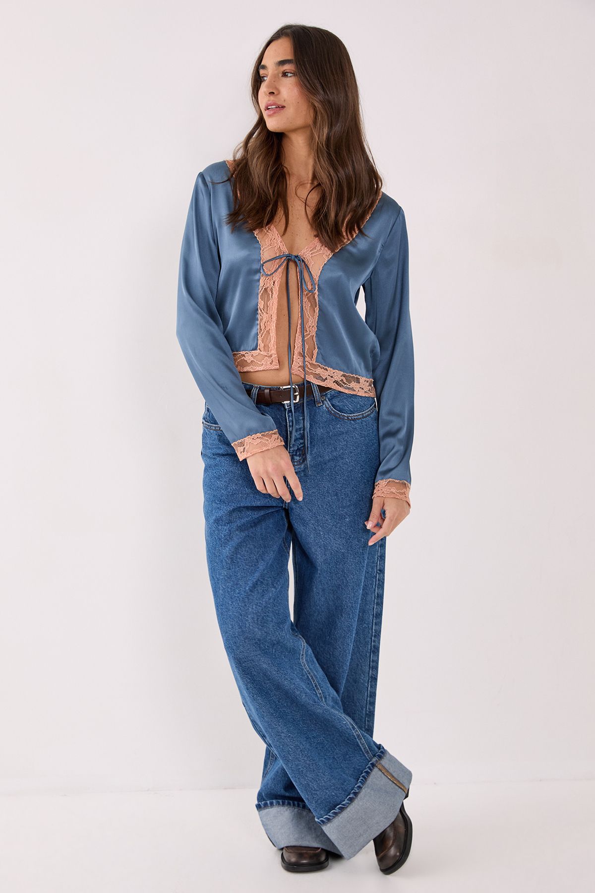 NastyGal Cutwork Lace Tie Front Long Sleeve Top Steel image 2