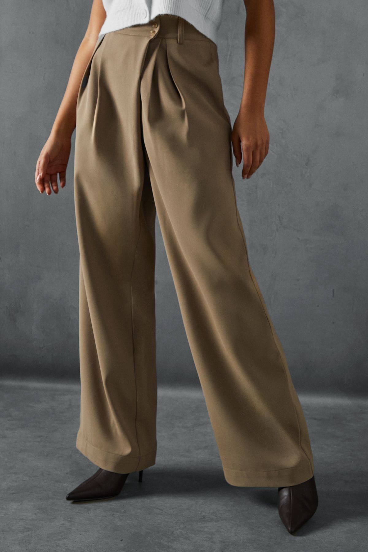 MissPap Wide Leg Asymmetric Waistband Trousers Stone image 2