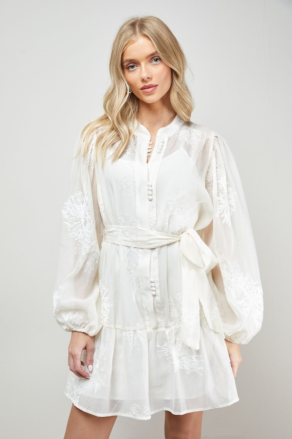 Oasis Jacquard Chiffon Button Down Belted Mini Dress Ivory
