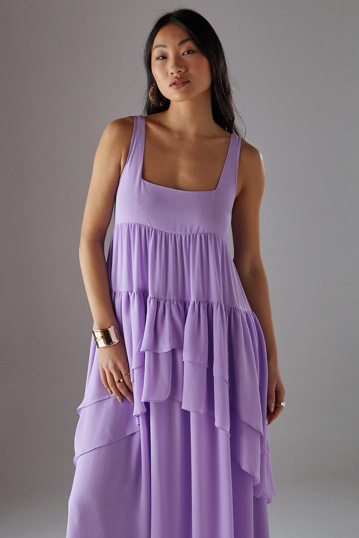 Warehouse Petite Chiffon Ruffle Tier Smock Midi Sundress Lilac image 2
