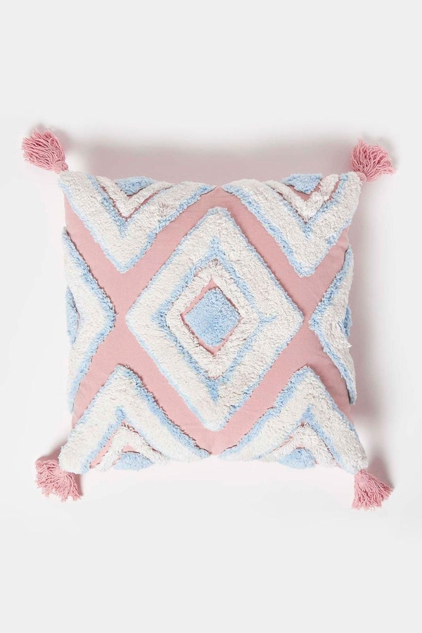 Homescapes Geometric Ikat Tufted Cotton Cushion with Tassels