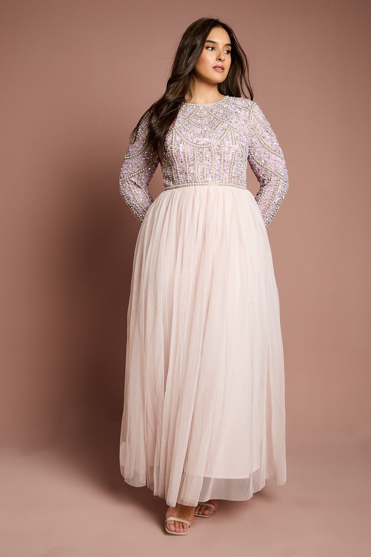 Coast Plus Size Pearl Embellished Bodice Bridesmaid Tulle Skirt Dress Pale Pink image 1