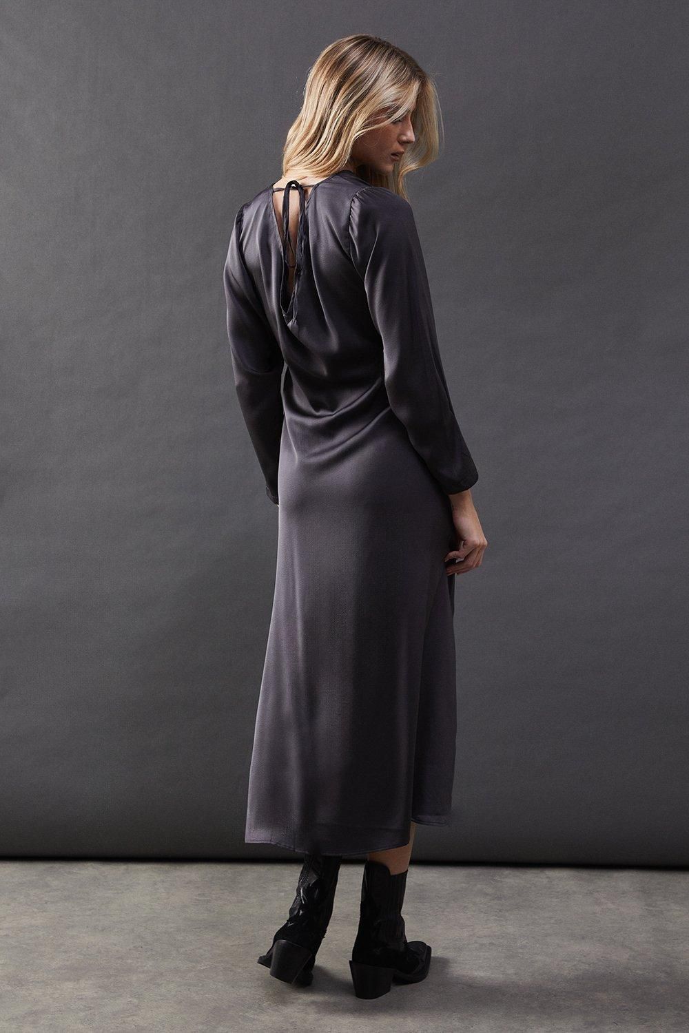 Warehouse Satin Drawstring Detail Midi Dress Charcoal image 3