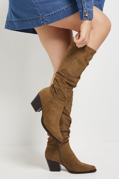 Dorothy Perkins Lessie Faux Suede Ruched Western Calf Boots Olive
