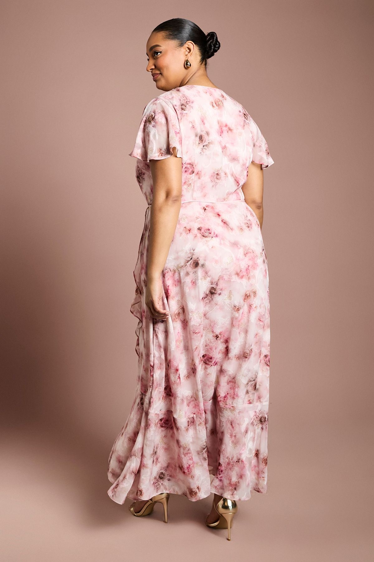 Coast Plus Printed Satin Jacquard Twist Front Midi Dress Pink image 3