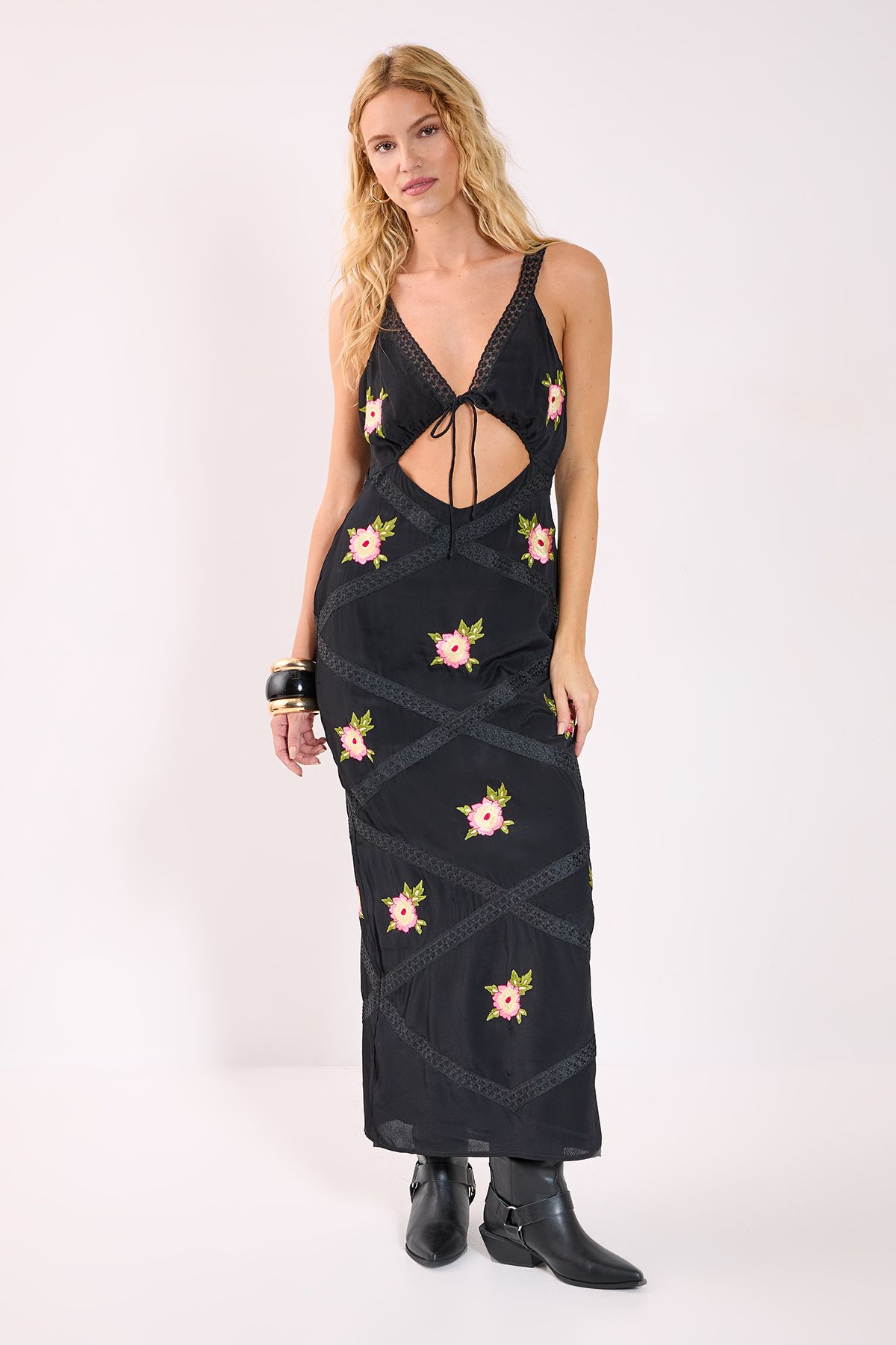NastyGal Embroidered Lace Trim Cut Out Maxi Dress Black image 1