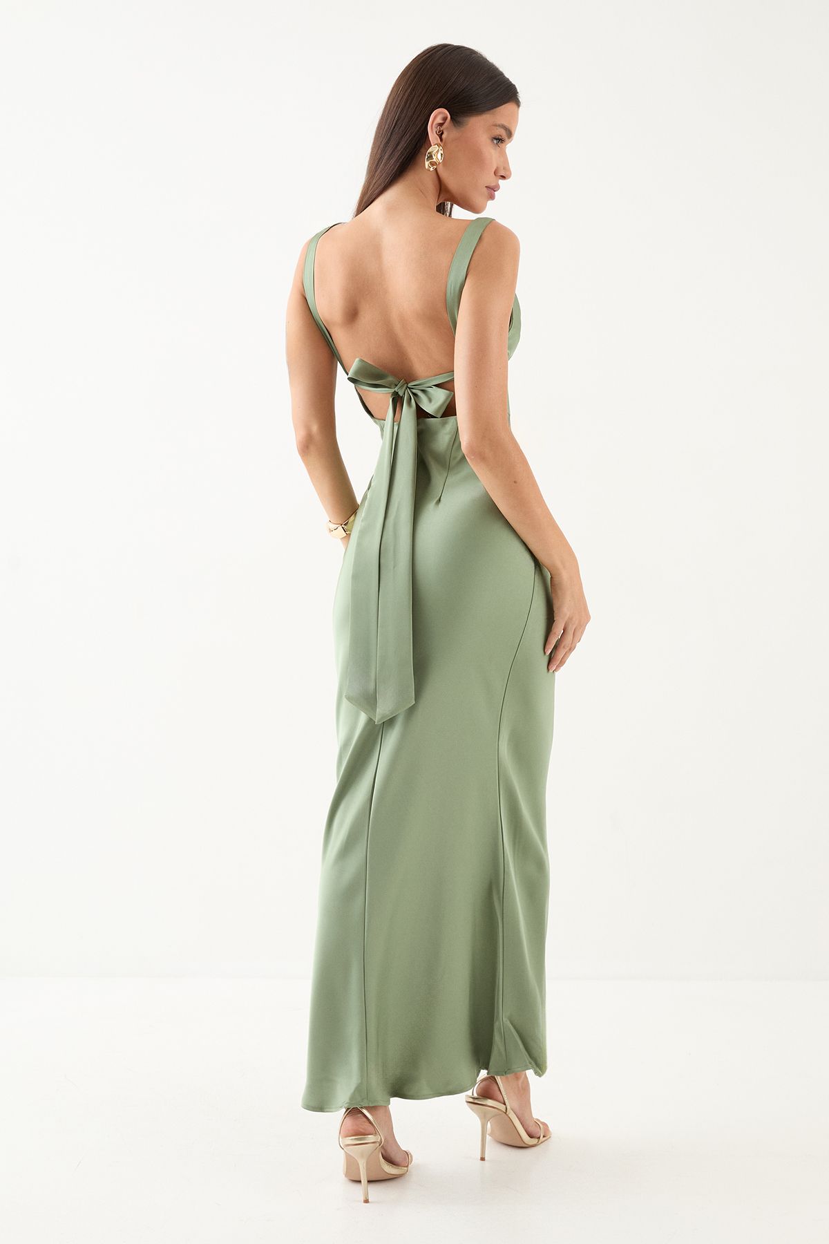 MissPap Premium Satin Cowl Neck Fishtail Maxi Bridesmaid Dress Sage image 3