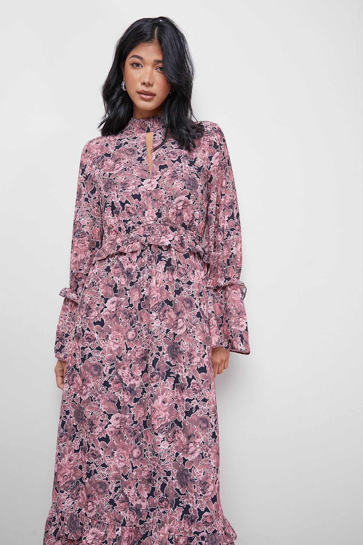 Warehouse Chiffon Shirred Frill Detail High Neck Midi Dress Floral image 2