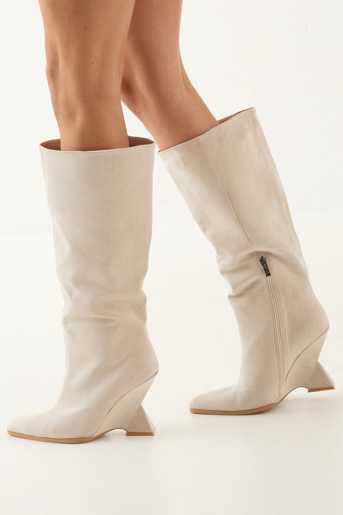 MissPap Faux Suede High Wedge Knee Boots Beige image 1
