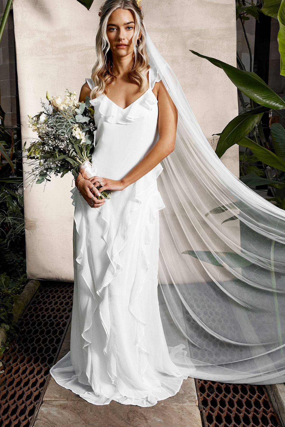 Oasis Flutter Sleeve Ruffle Detail Chiffon Maxi Wedding Dress Ivory