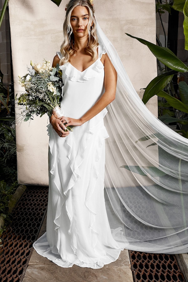 Oasis Flutter Sleeve Ruffle Detail Chiffon Maxi Wedding Dress Ivory