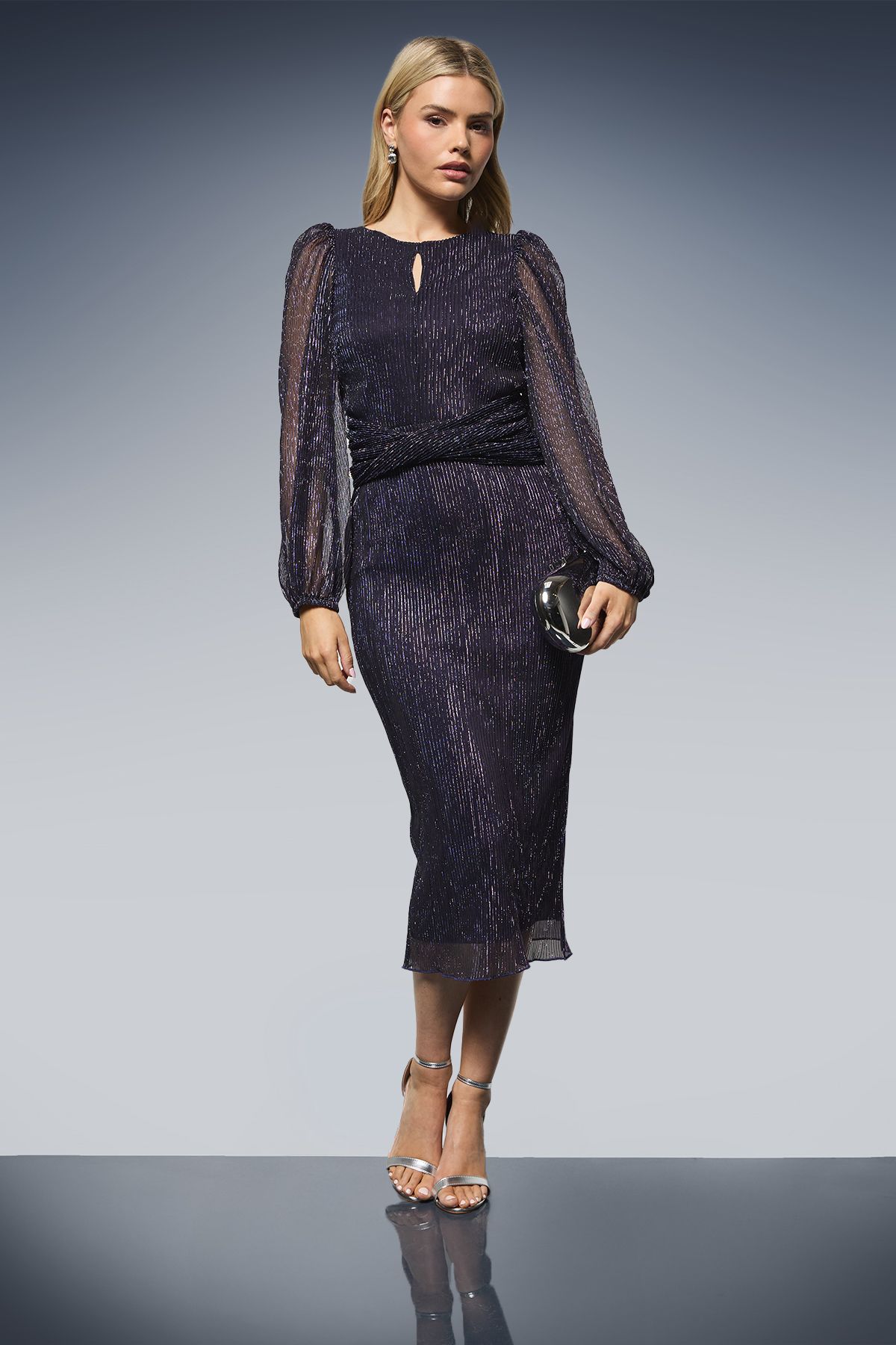 Dorothy Perkins DP Luxe Sparkle Plisse Jersey Keyhole Twist Front Midi Dress Purple