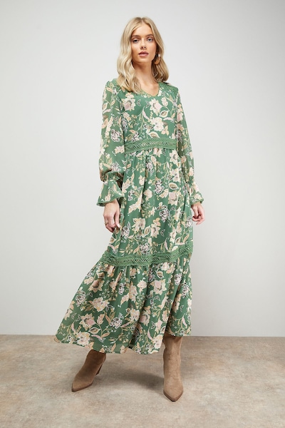 Oasis Printed lace Detail Chiffon V Neck Midaxi Dress Floral