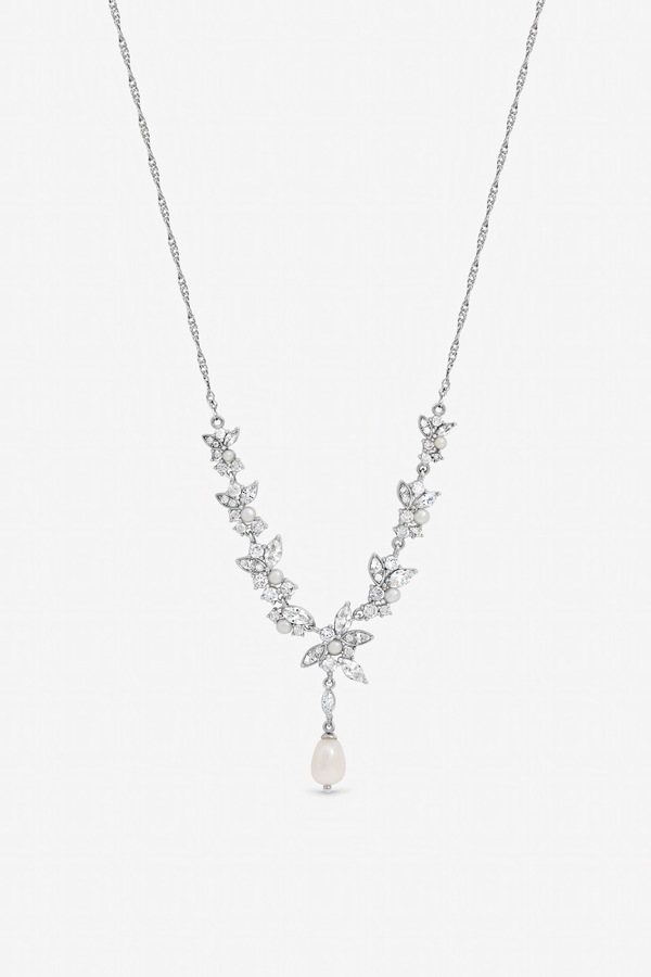 Jon Richard Rhodium Plated Crystal and Freshweater Pearl Y-Drop Necklace