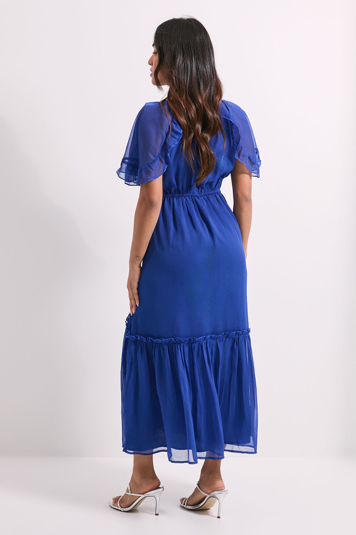 Dorothy Perkins Petite Blue Frill Cape Sleeve Tiered Printed Chiffon Midi Dress Blue image 3