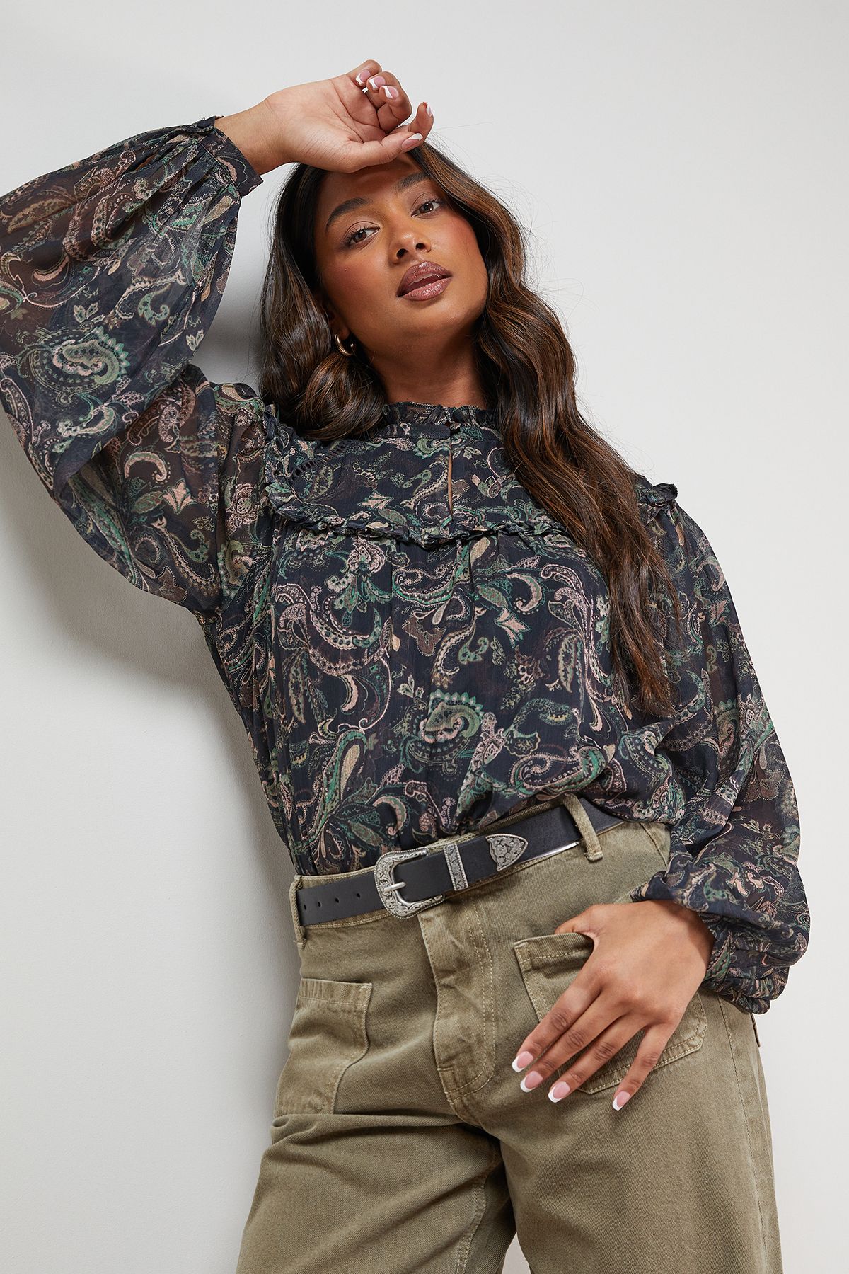 Oasis Printed Trim Detail Chiffon Blouse Multi image 1