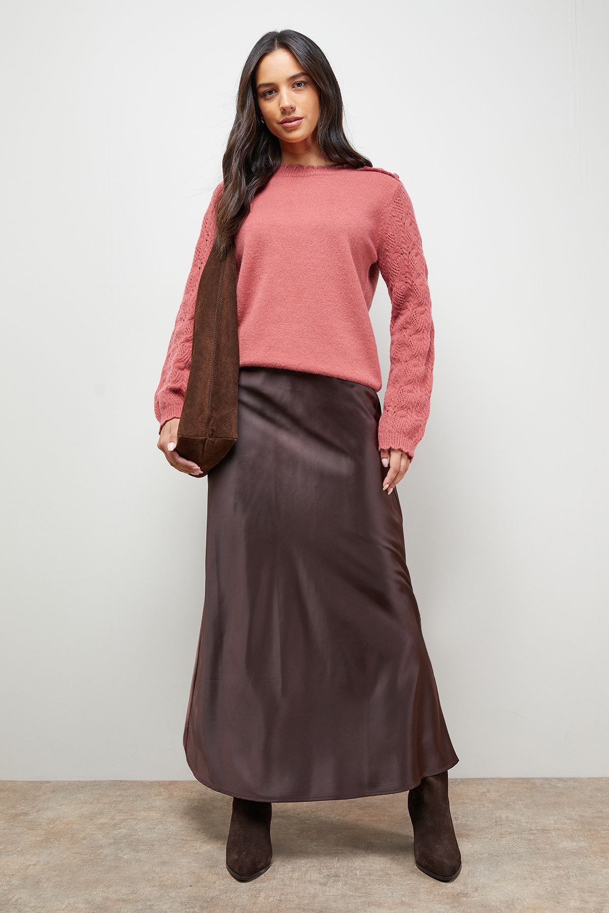 Oasis Stitch Detail Sleeve Ruffle Neck Jumper Desert Rose image 4