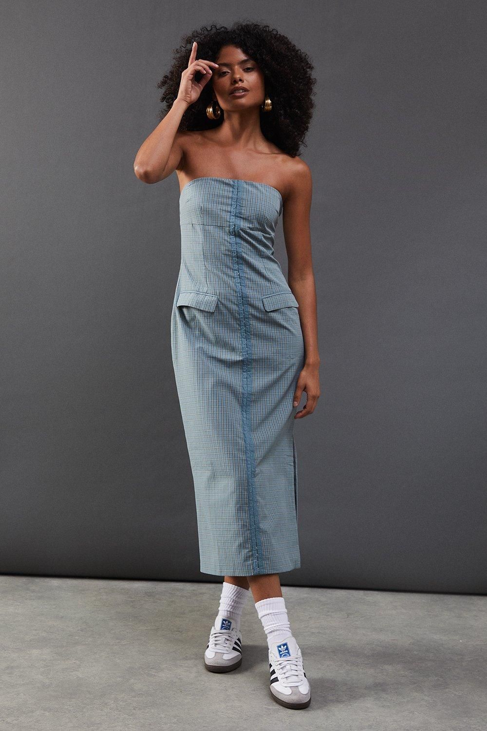 Warehouse Check Hook & Eye Fitted Bandeau Midi Dress Blue