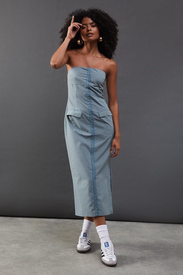 Warehouse Check Hook & Eye Fitted Bandeau Midi Dress Blue