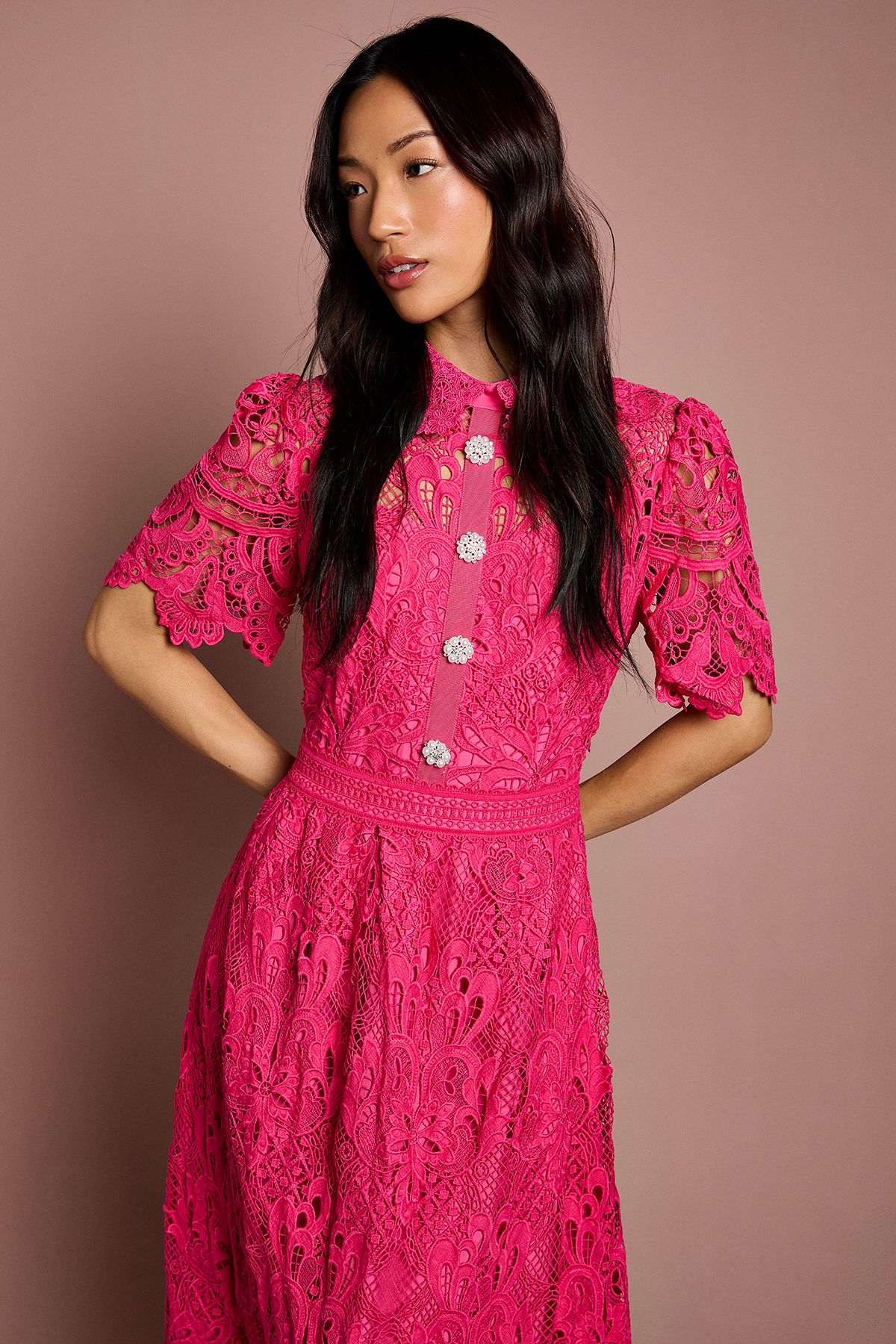 Coast Short Sleeve Collared Lace Midi Dress Raspberry image 2