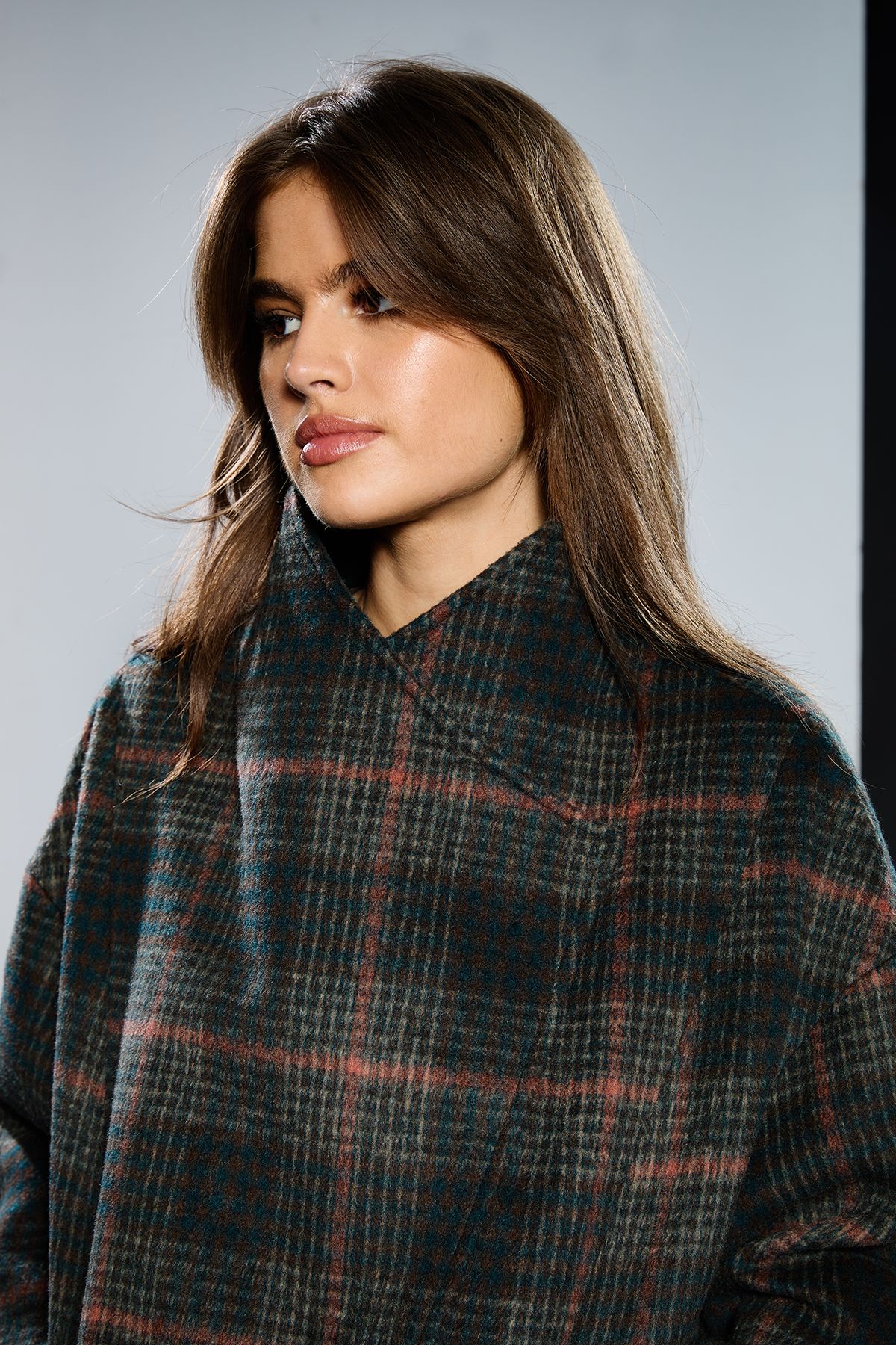 RUNWAY 1.8.1.8 Runway 1.8.1.8 Check Wrap Front Grown Collar Coat Navy image 2