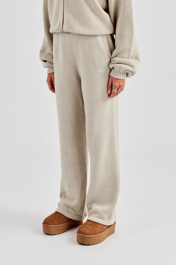 Cernucci Knitted Embroidered Wide Leg Jogger - Stone