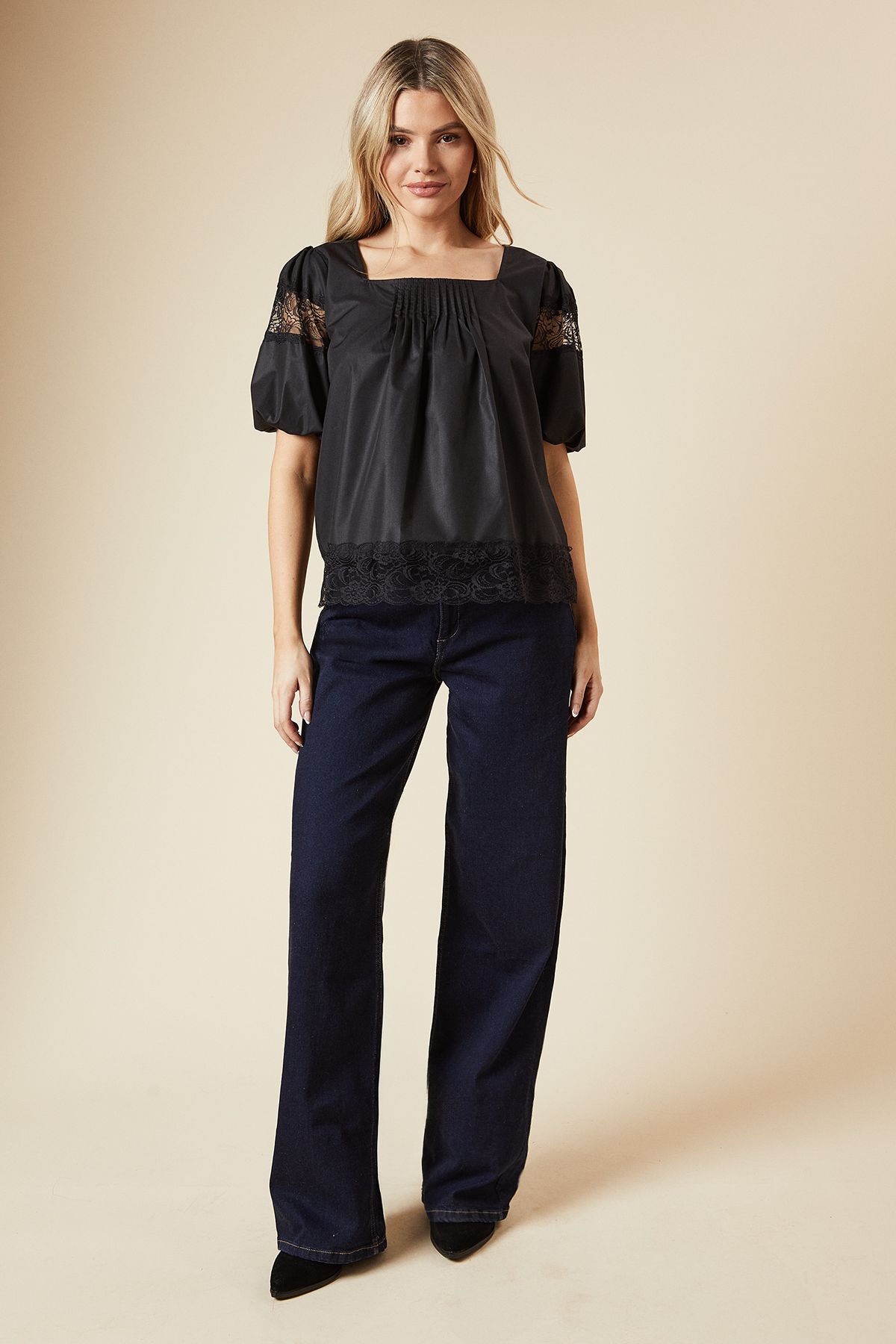 Dorothy Perkins Pleat Front Lace Trim Short Sleeve Blouse Black image 2