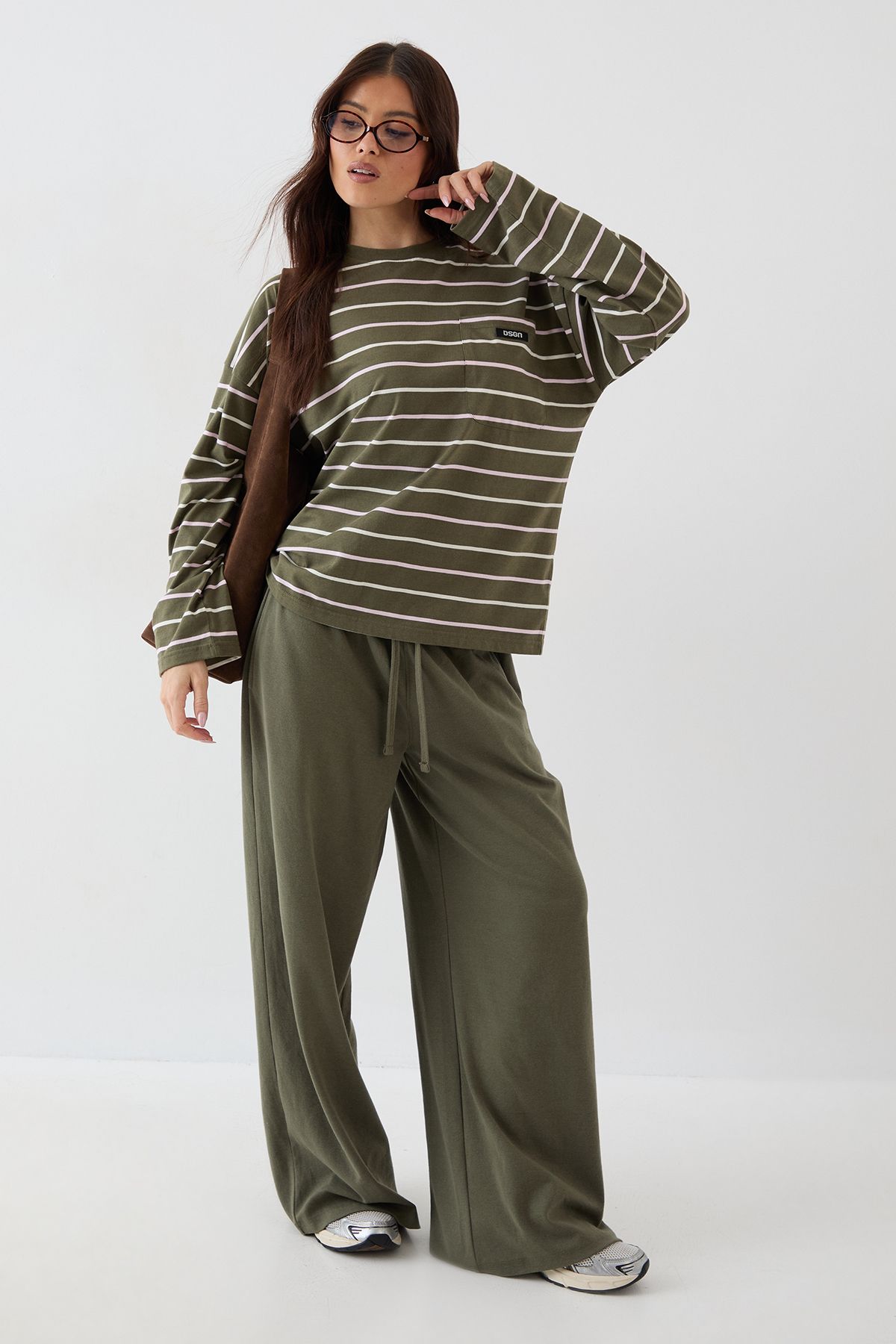 DSGN Studio DSGN Studio Stripe Oversized Long Sleeve T-Shirt Olive image 3